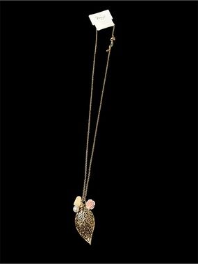 Gold Leaf Pendant Necklace with Pink Rose and Pearl Accent
